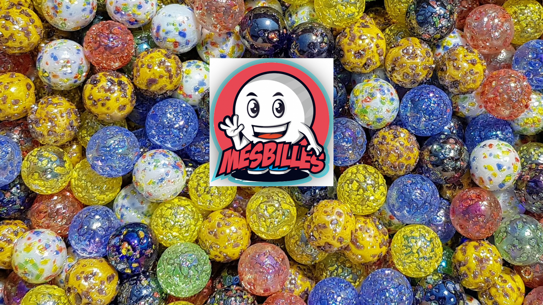 Close-up of multicolored crackle-effect nugget marbles, from customer orders.