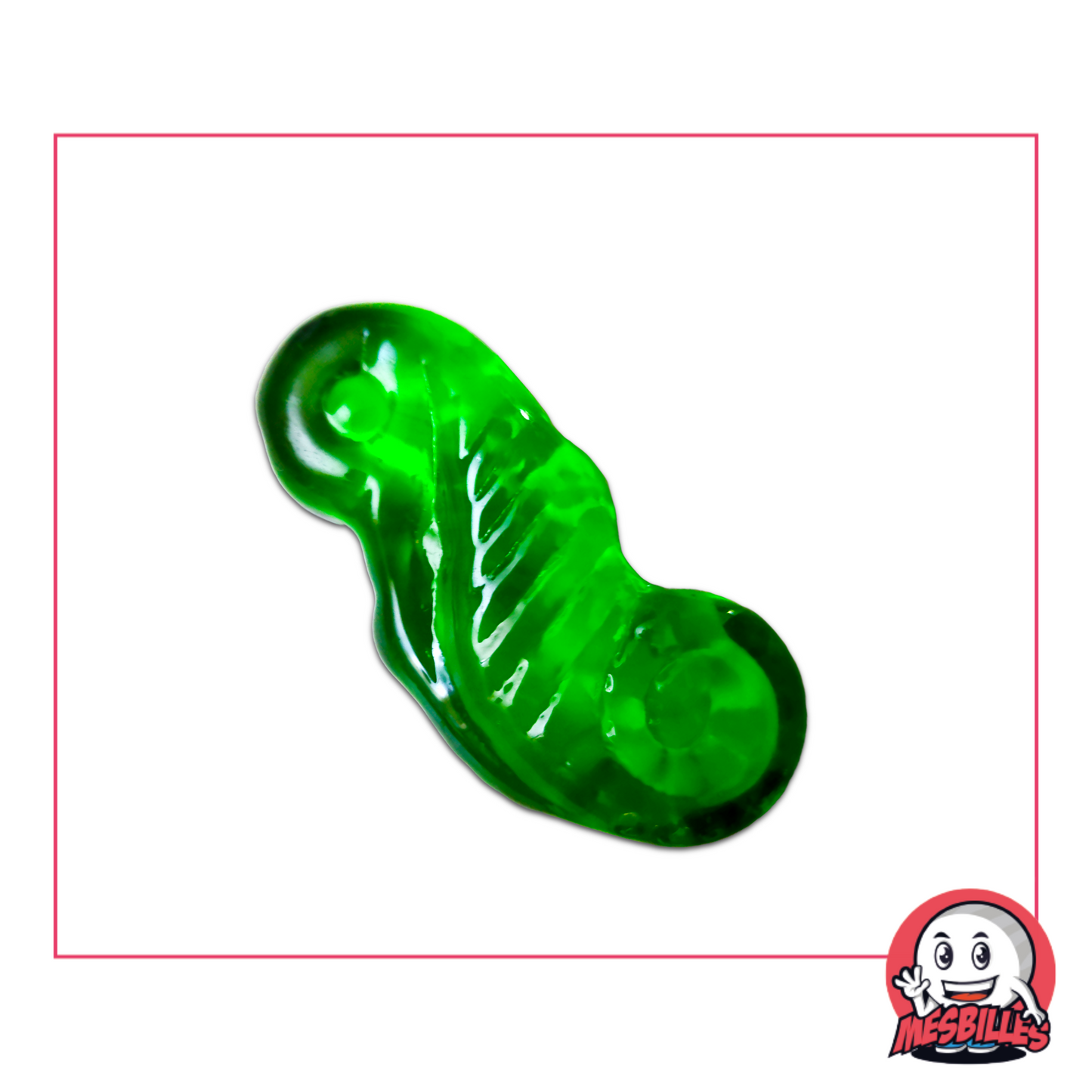 Photo of a glass marble in the shape of an intense green seahorse, translucent and shiny, sold individually on My-Glassmarbles.