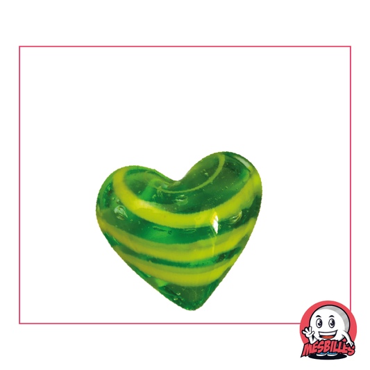 Shaped Marble Heart in translucent glass Green with Yellow stripes, flat ball 25 mm, My-Glassmarbles