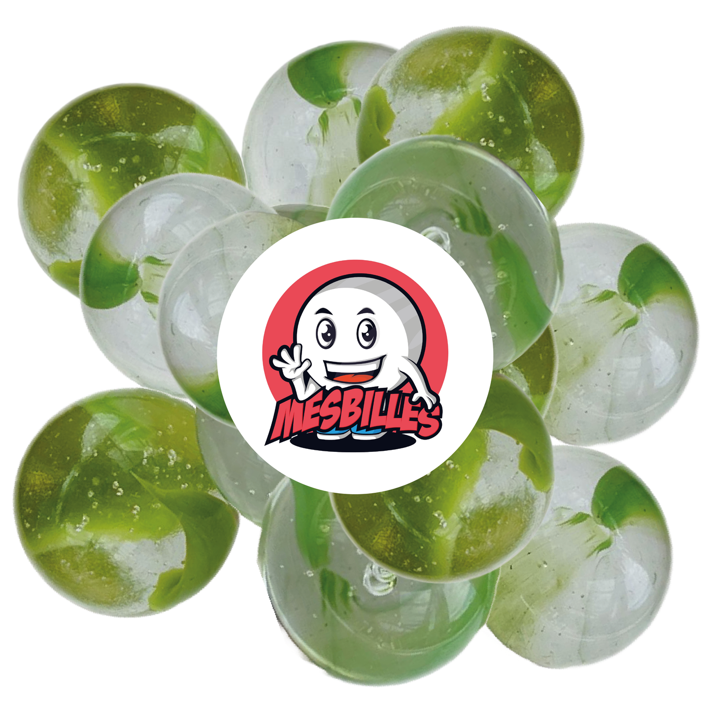 Image of the My-Glassmarbles Mascot surrounded by 14 mm Marbles - Translucent Crystal Glass with Green stripes