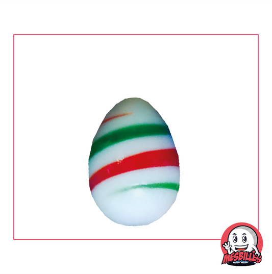Marble Egg My-Glassmarbles, distinctive shape, white opaque glass with red and green stripes, 25mm