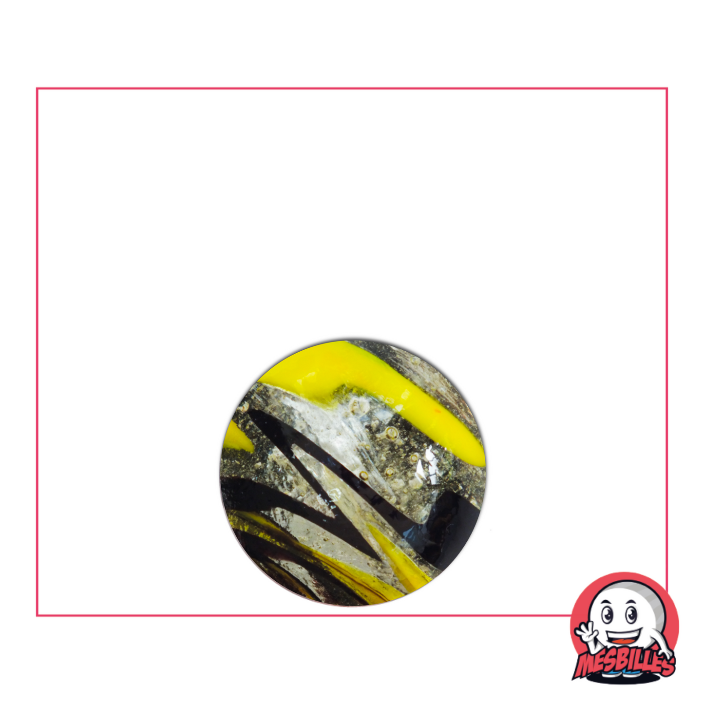 Photo of a 16 mm round marble with black and yellow zebra patterns on a translucent background, sold individually on My-Glassmarbles.