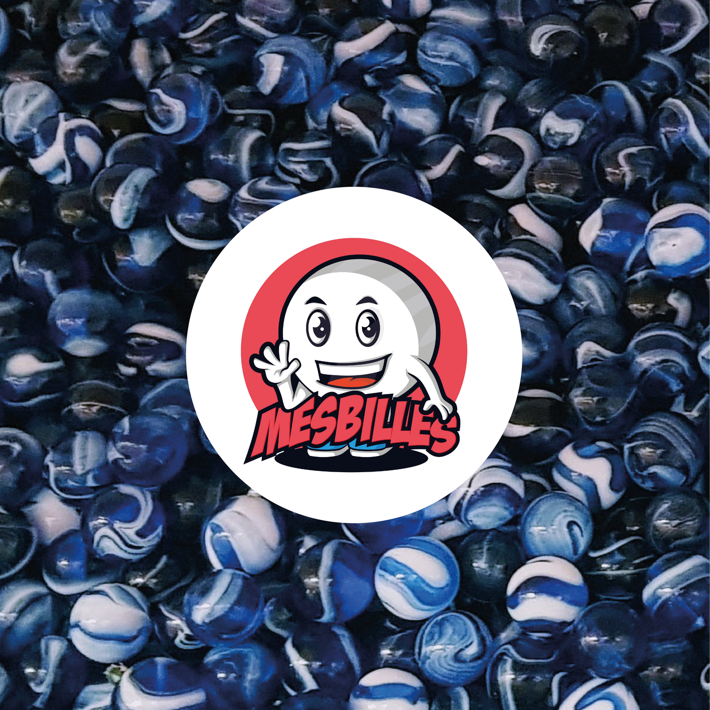 Image of the My-Glassmarbles Mascot surrounded by 14 mm Spot Marbles - Blue Translucent Glass with White stripes