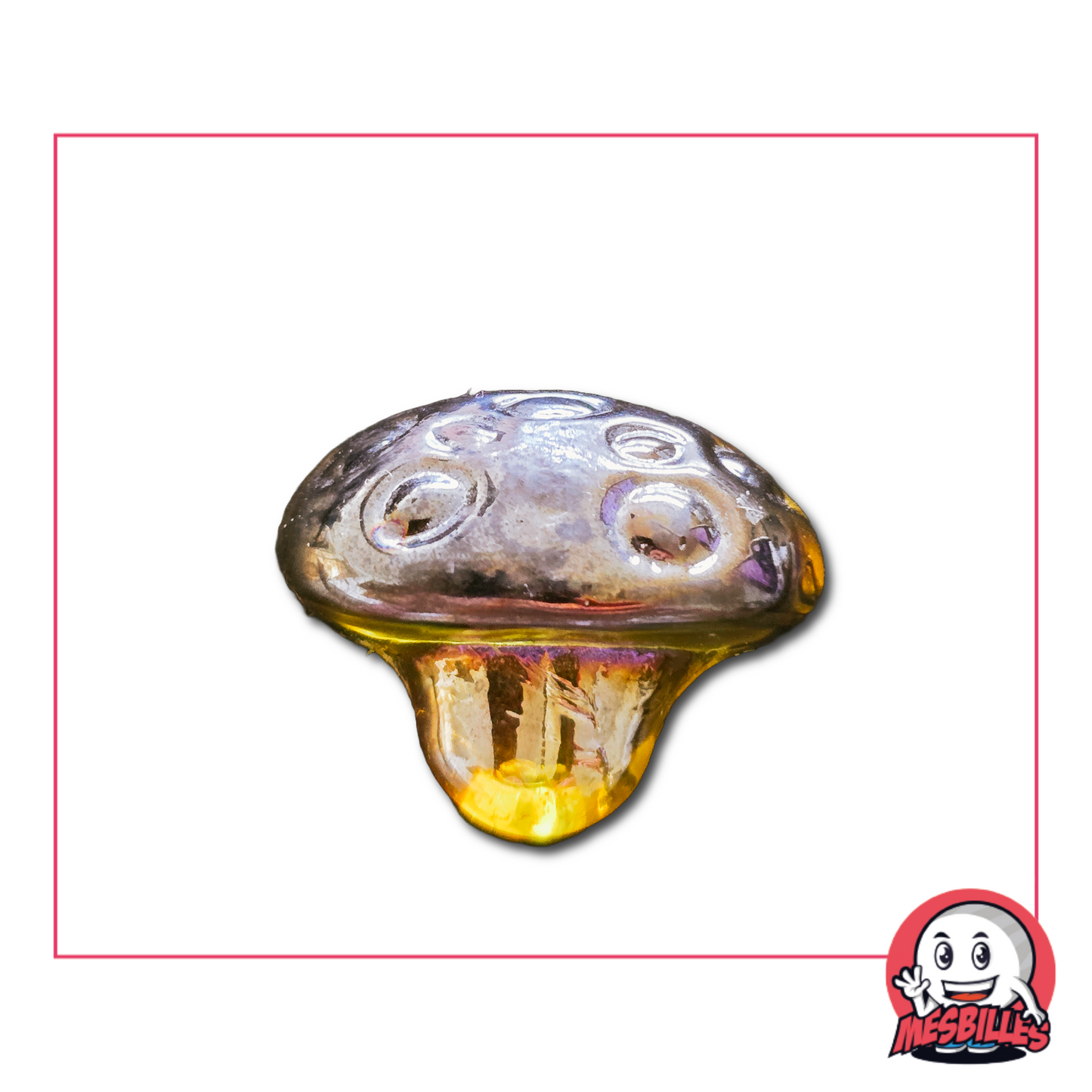 Photo of a 3 cm mushroom-shaped glass marble, with a grey-amber cap and a translucent Yellow foot, sold individually on My-Glassmarbles.