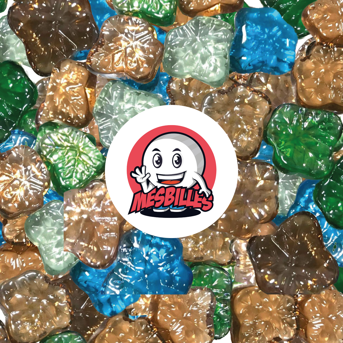 My-Glassmarbles Logo on Flat Marbles Maple leaves in Shiny coloured glass