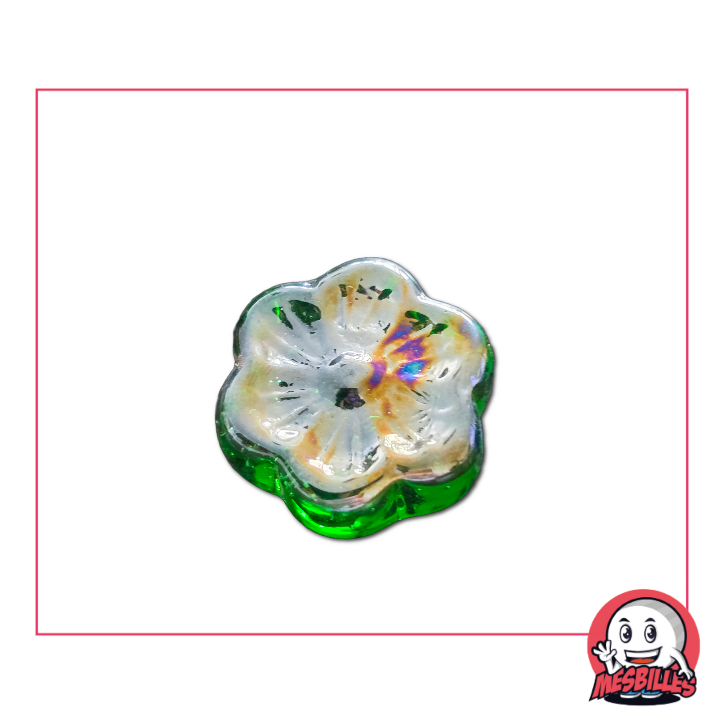 Photo of a Cosmos flower-shaped marble, 2.5 cm, in white Iridescent glass on a green base, sold individually on My-Glassmarbles.
