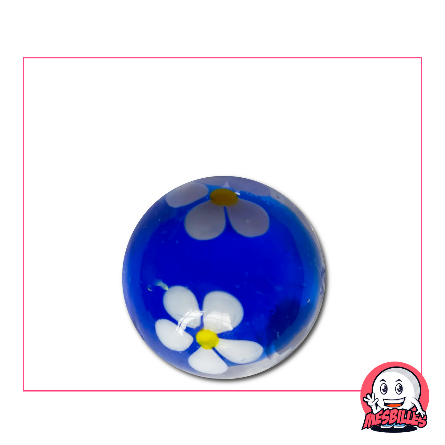 Large 22 mm blue Marble containing a white flower with five petals, frozen in the centre of a transparent glass.