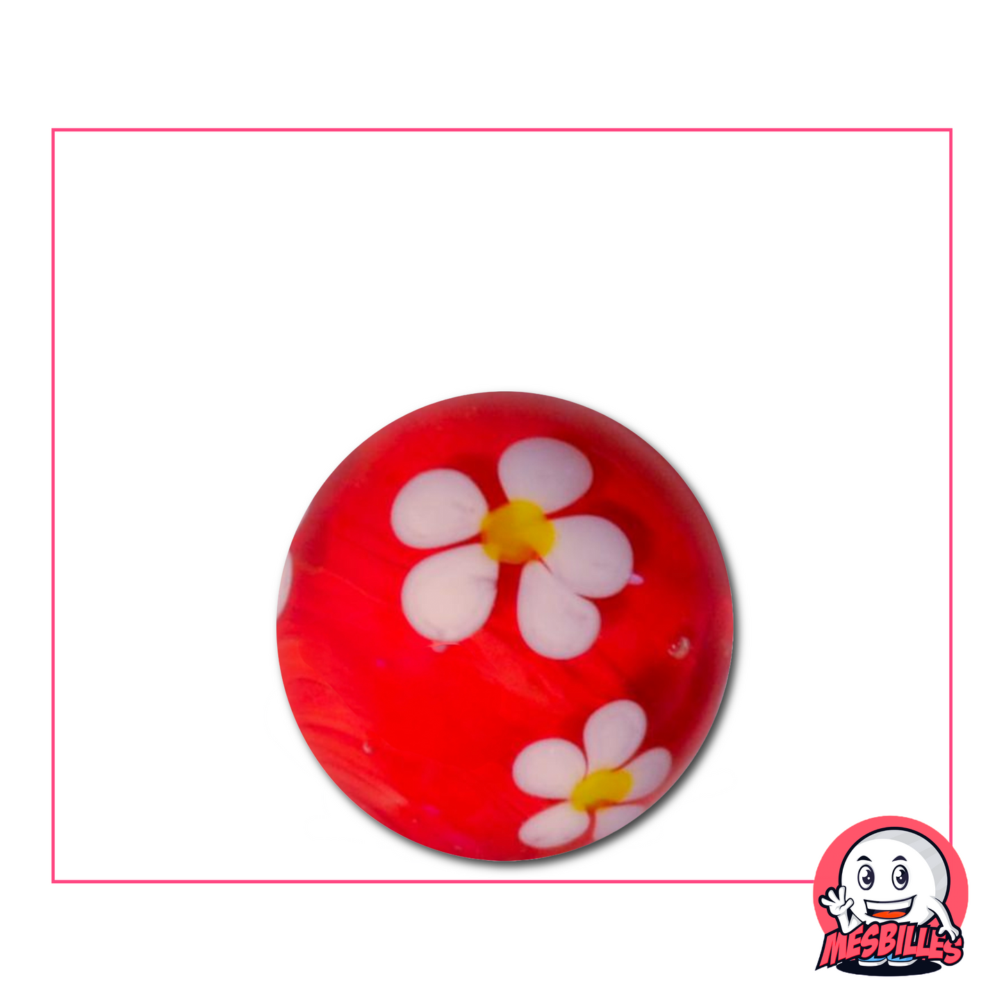 Large 22mm Red Marble with a white five petal flower inlaid in clear glass