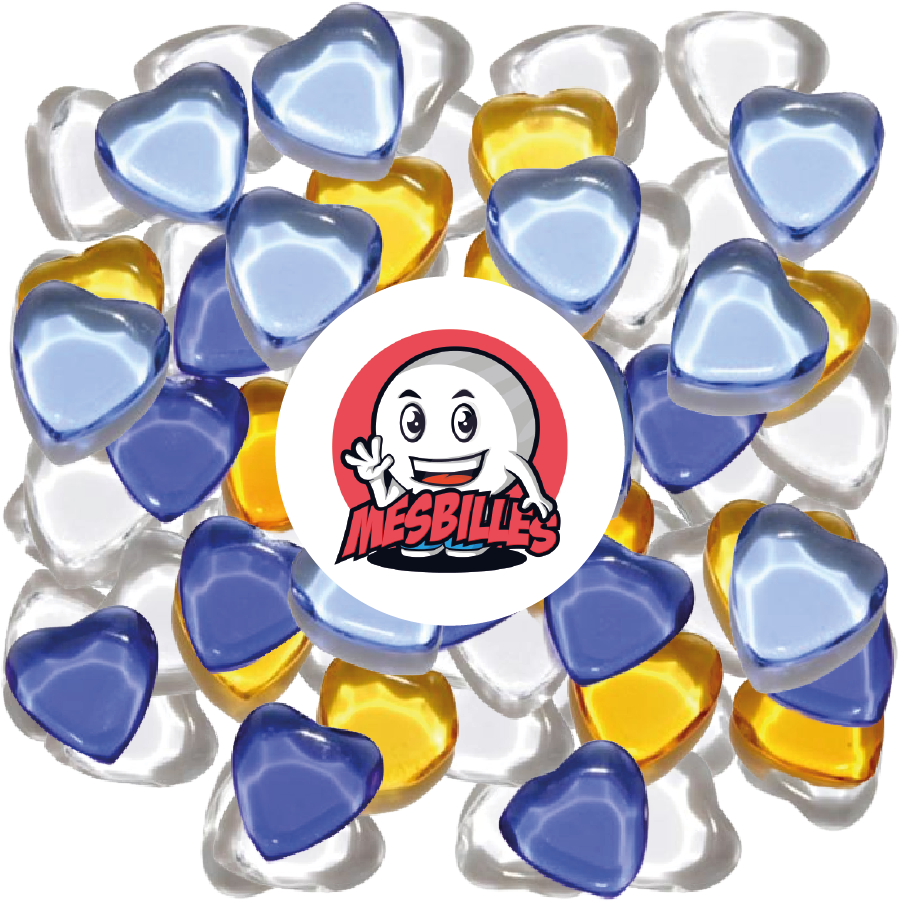 Image of the My-Glassmarbles Mascot surrounded by Yellow Translucent Glass Heart Extra-Flat Marbles - My-Glassmarbles