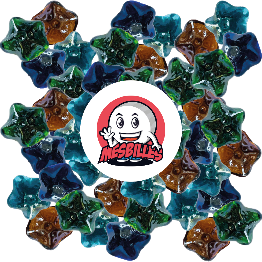 Image of the My-Glassmarbles Mascot surrounded by Flat Night Blue Translucent Glass Marine Star Marbles, size 35 mm - My-Glassmarbles