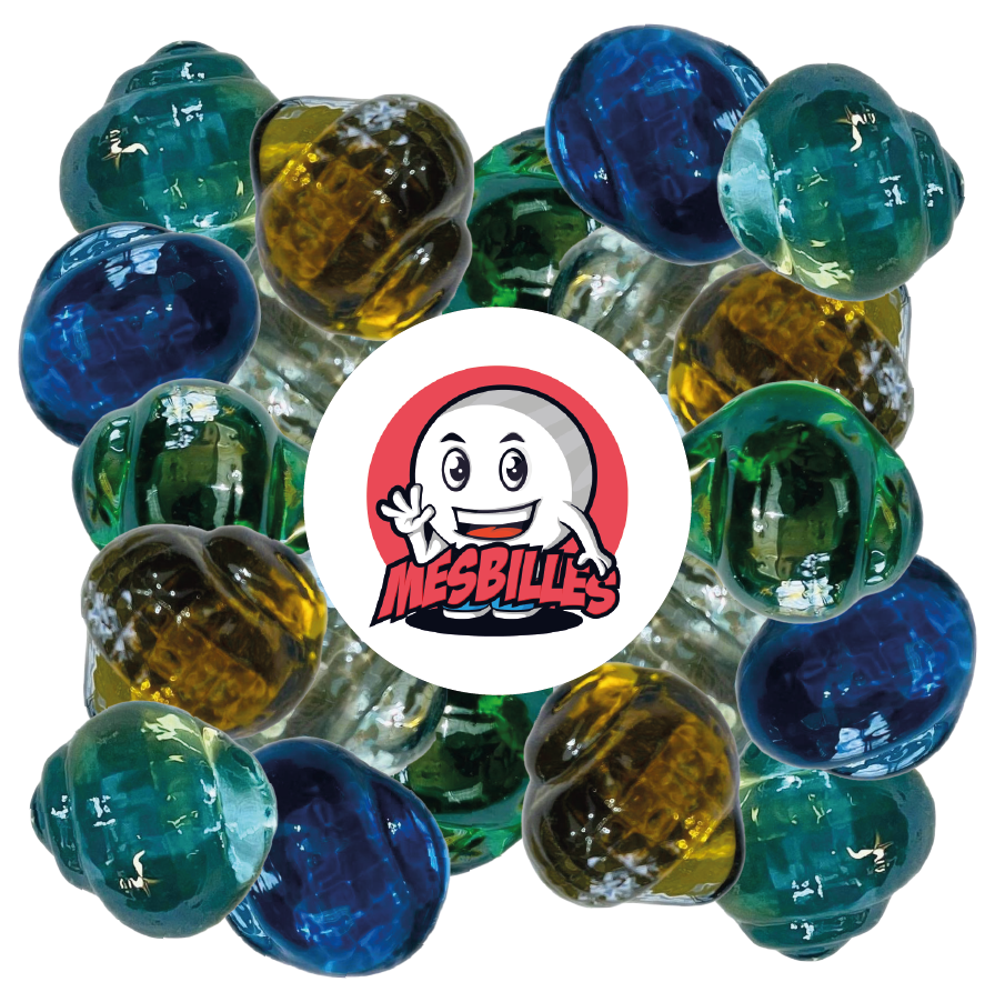 Image of the My-Glassmarbles Mascot surrounded by Neptunea marbles in translucent night-blue glass, flat shape, size 35 mm - My-Glassmarbles