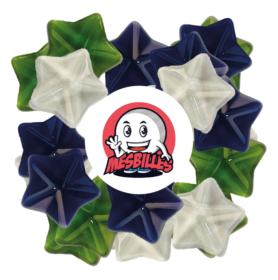 Picture of My-Glassmarbles Mascot surrounded by Green Araped Extra-flat Marbles in Translucent Glass - Decoration and Fun Games - My-Glassmarbles