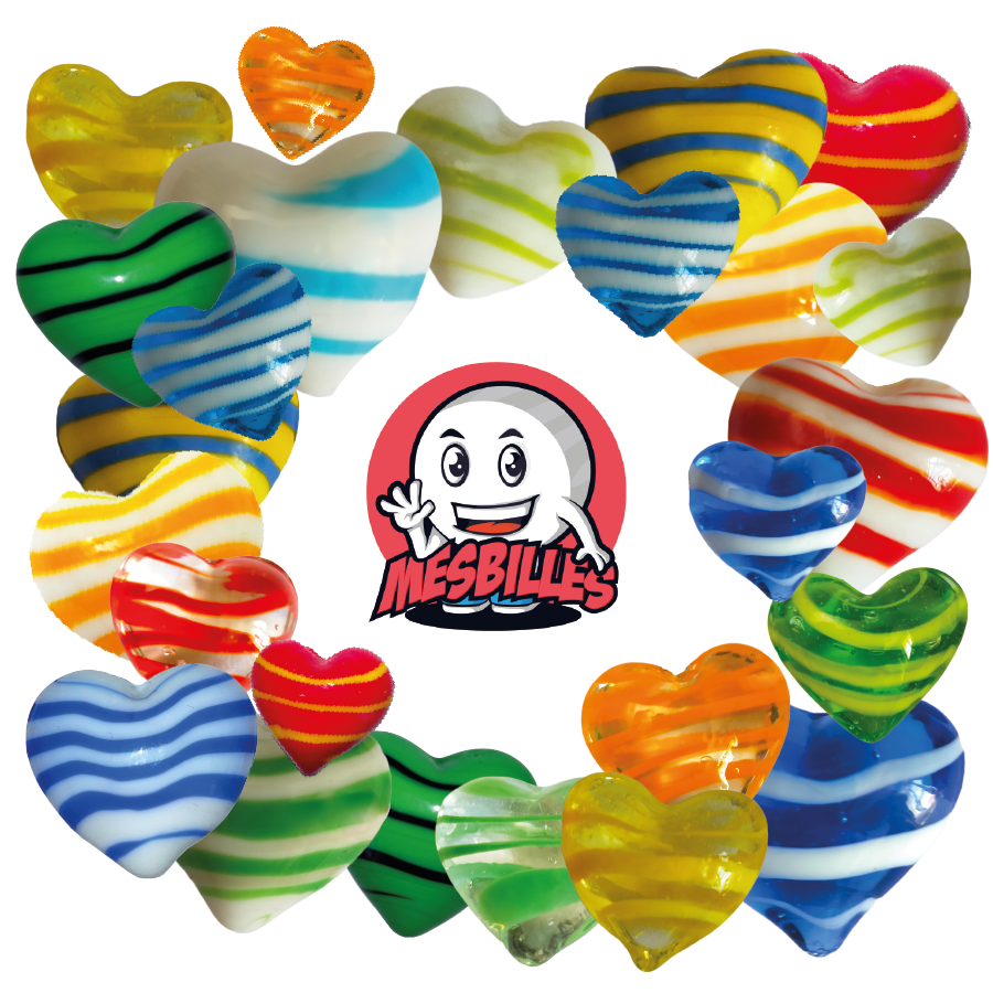 Mascot My-Glassmarbles plus Shaped Marble Heart in opaque red glass with yellow stripes, 25 mm flat marble, My-Glassmarbles