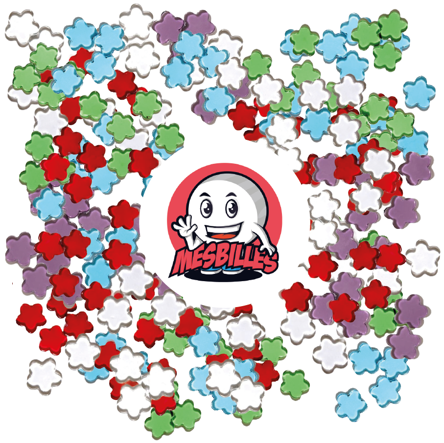 Image of the My-Glassmarbles Mascot surrounded by Extra-Flat Marbles Blue Translucent Glass Flower - My-Glassmarbles