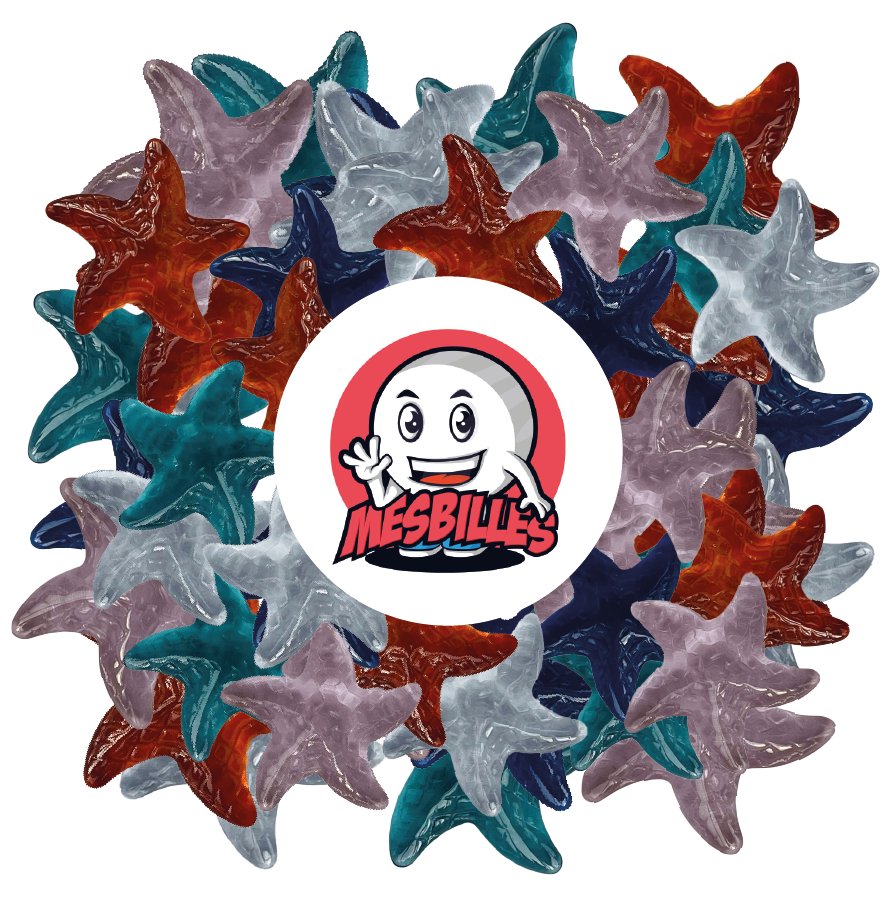 Image of the My-Glassmarbles Mascot surrounded by Yellow Translucent Glass Starfish Extra-Flat Marbles - My-Glassmarbles