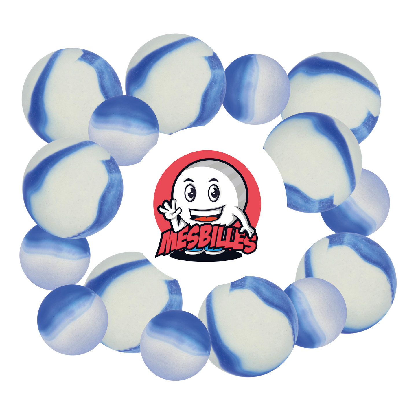 Image of My-Glassmarbles Mascot surrounded by Frosted Marbles - Glass Marble Frosted Blue 14 mm My-Glassmarbles
