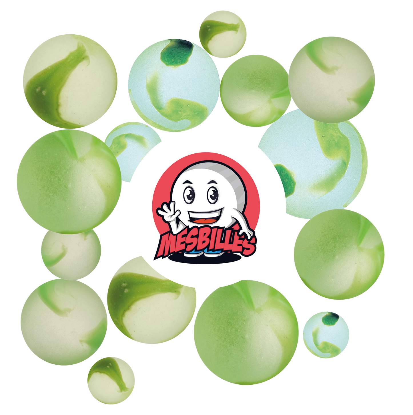 Image of the My-Glassmarbles Mascot surrounded by Frosted Marbles - Green Striated Frosted Glass Marble 35 mm My-Glassmarbles
