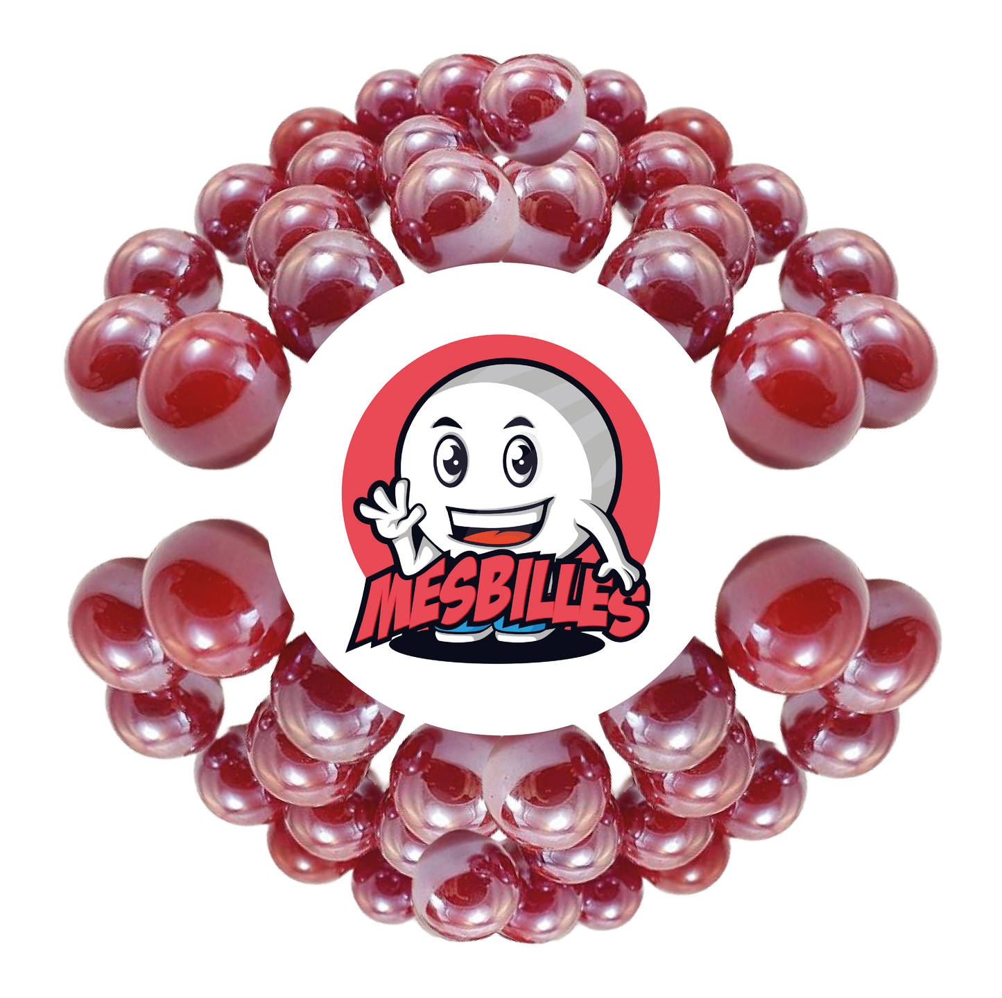 Image of the My-Glassmarbles Mascot surrounded by 16 mm Glossy Marbles - Opaque and Red Glossy Glass
