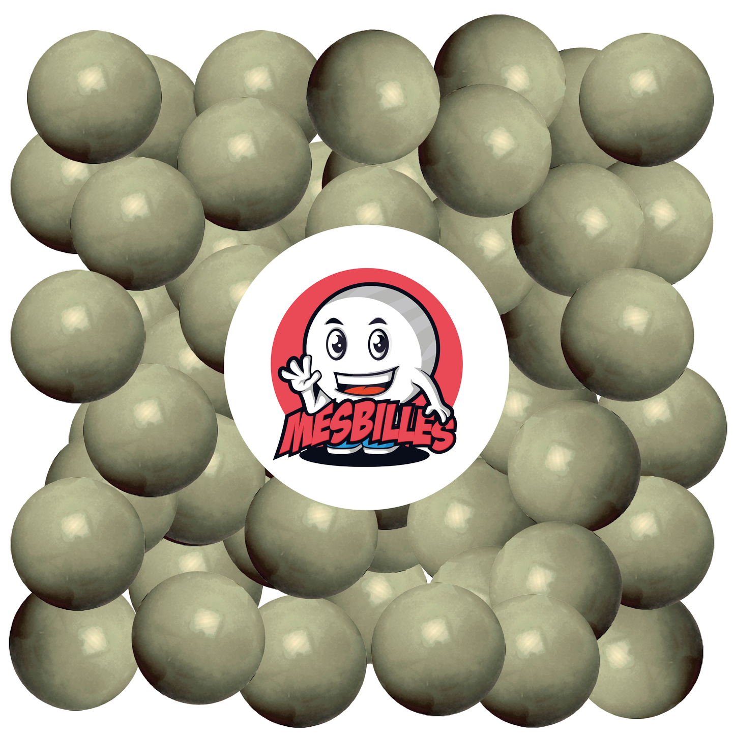 Image of the My-Glassmarbles Mascot surrounded by 25 mm Grey Pearl Marbles - Elegant and Mysterious Grey Opaque Glass