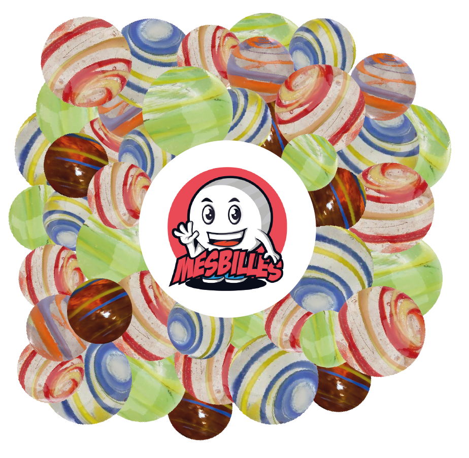 25 mm Cyclone Orange and Blue KimPlay marbles in Translucent glass and Multicolored marbles around the My-Glassmarbles Mascot