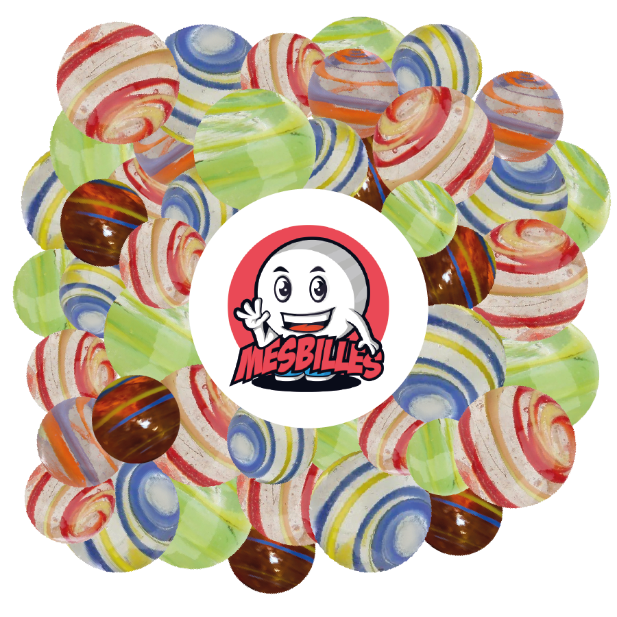 Orange and Red KimPlay Cyclone marbles in Translucent glass and Multicolored marbles around the My-Glassmarbles mascot.