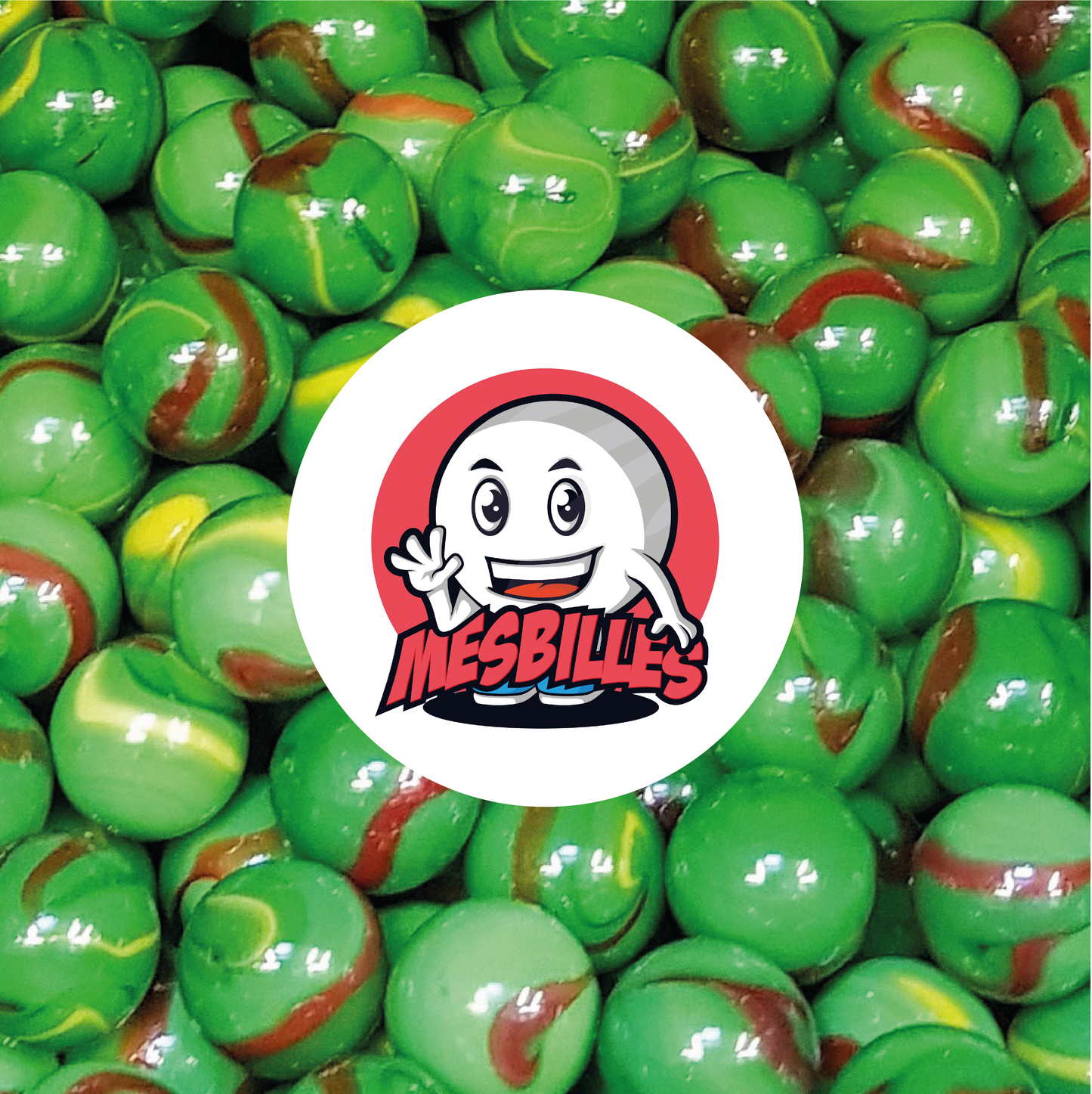 Image of the My-Glassmarbles Mascot surrounded by 25 mm Jungle Marbles Green Yellow Brown