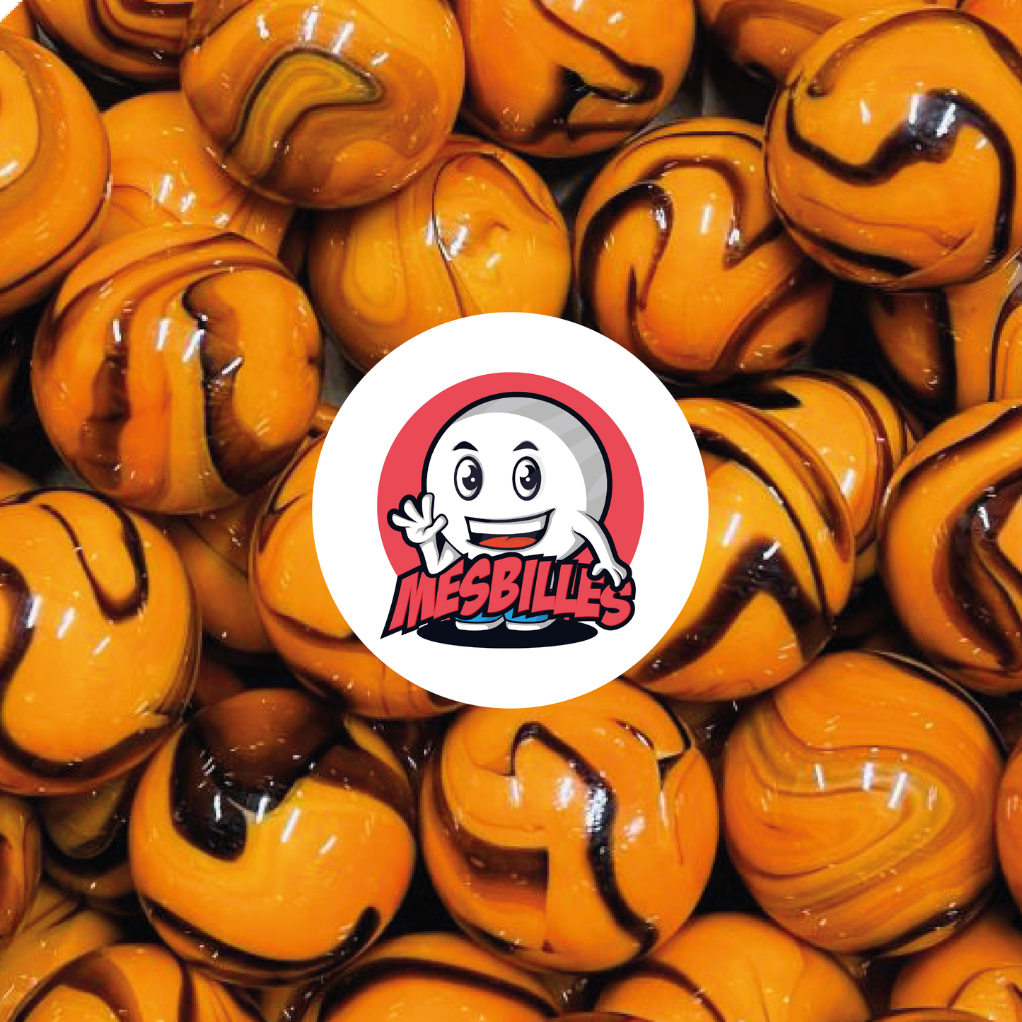 Image of the My-Glassmarbles Mascot surrounded by 25 mm orange Marbles with brown stripes
