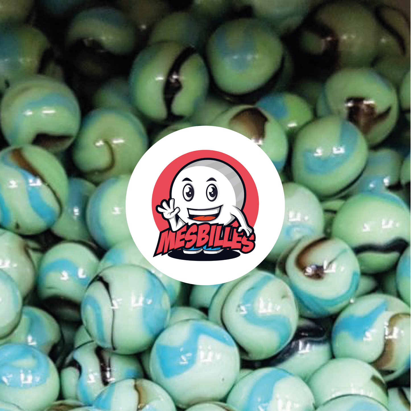 Image of the My-Glassmarbles Mascot surrounded by 14 mm Matisse Marbles, the masterpiece of My-Glassmarbles in Green Blue Brown