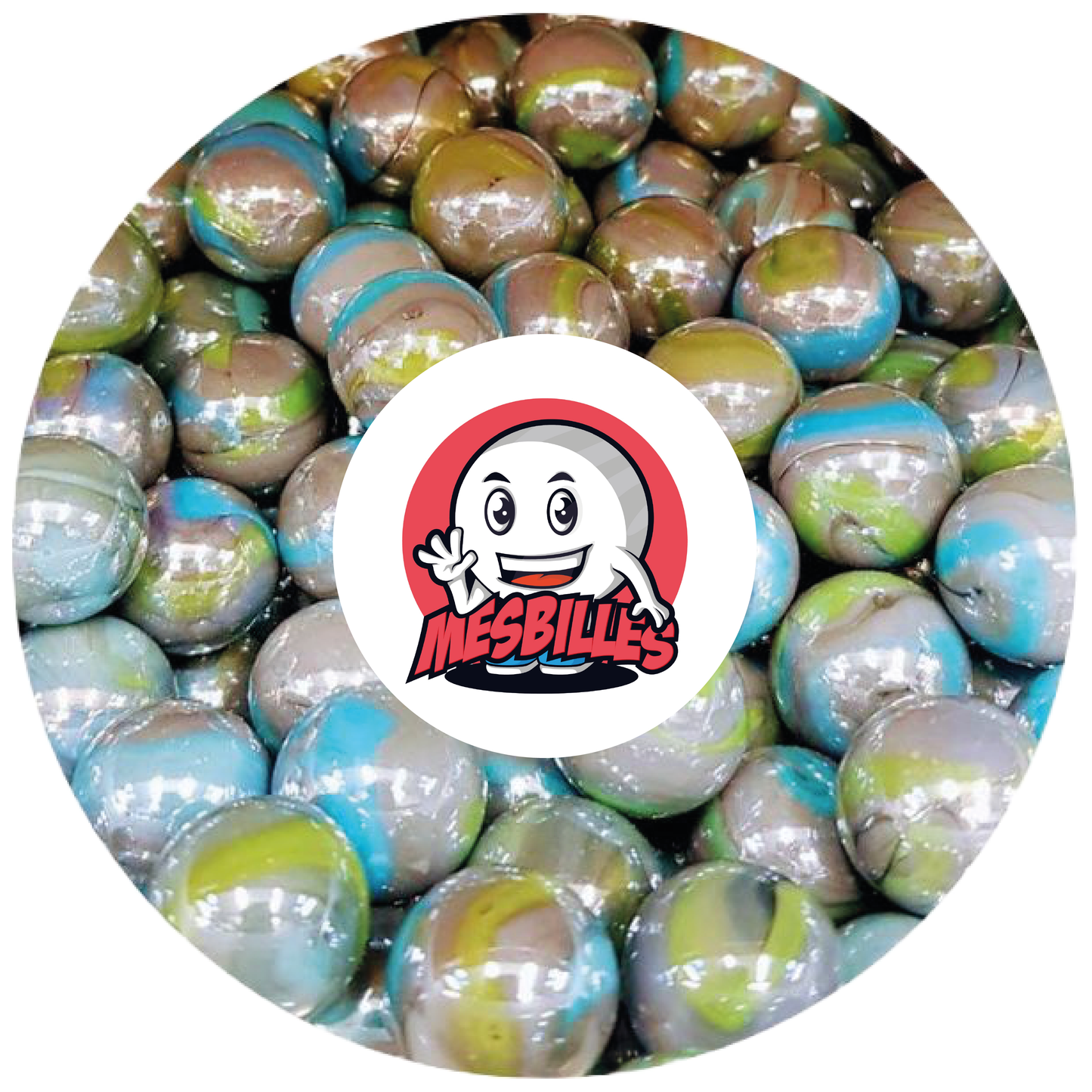 Image of the My-Glassmarbles Mascot surrounded by opaque and shiny pearly coloured Marbles 16 mm
