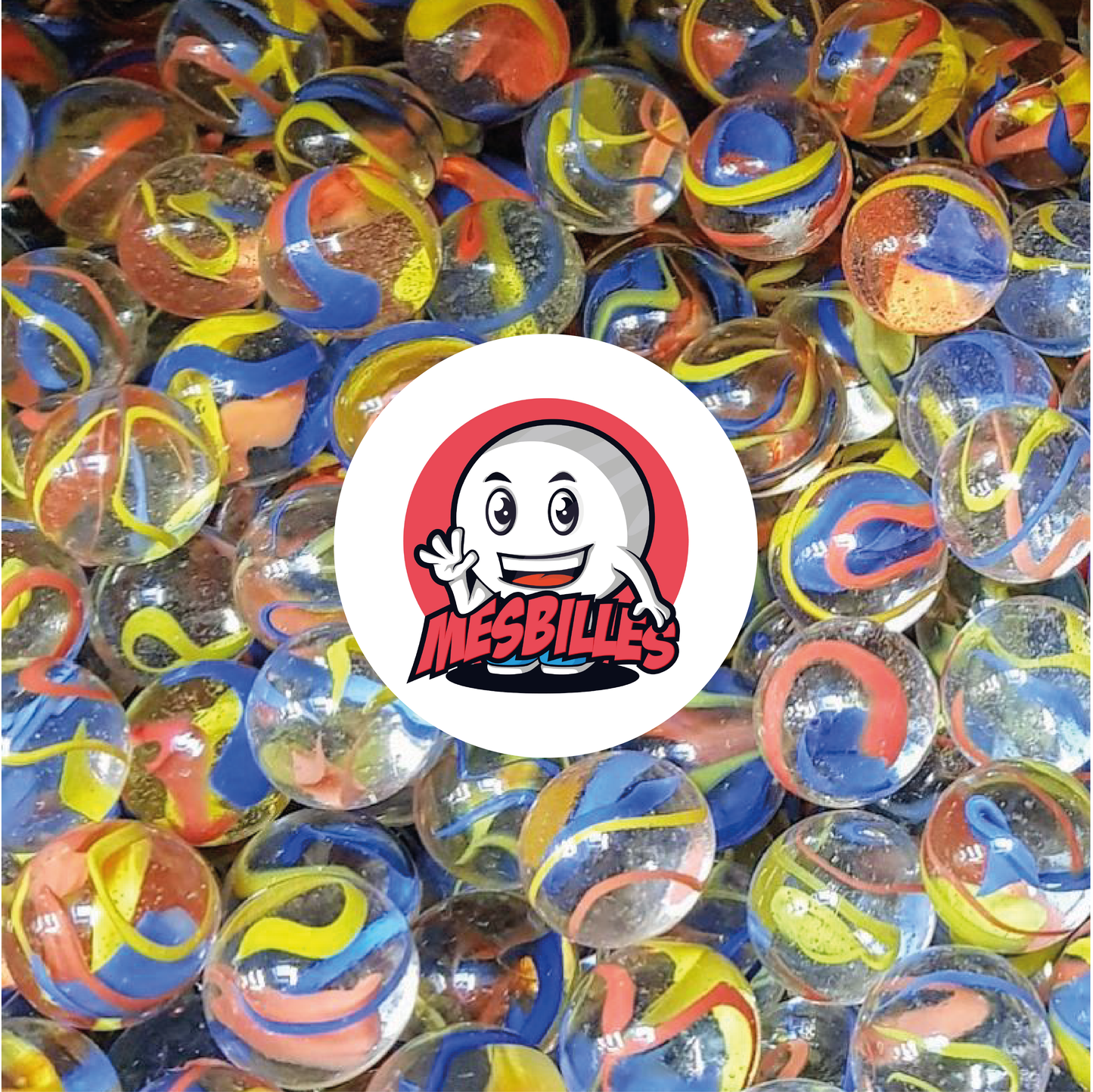 Fusion Coloured Red, Yellow and Blue Clear Glass Marbles - Picture of My-Glassmarbles Mascot surrounded by 16 mm Marbles