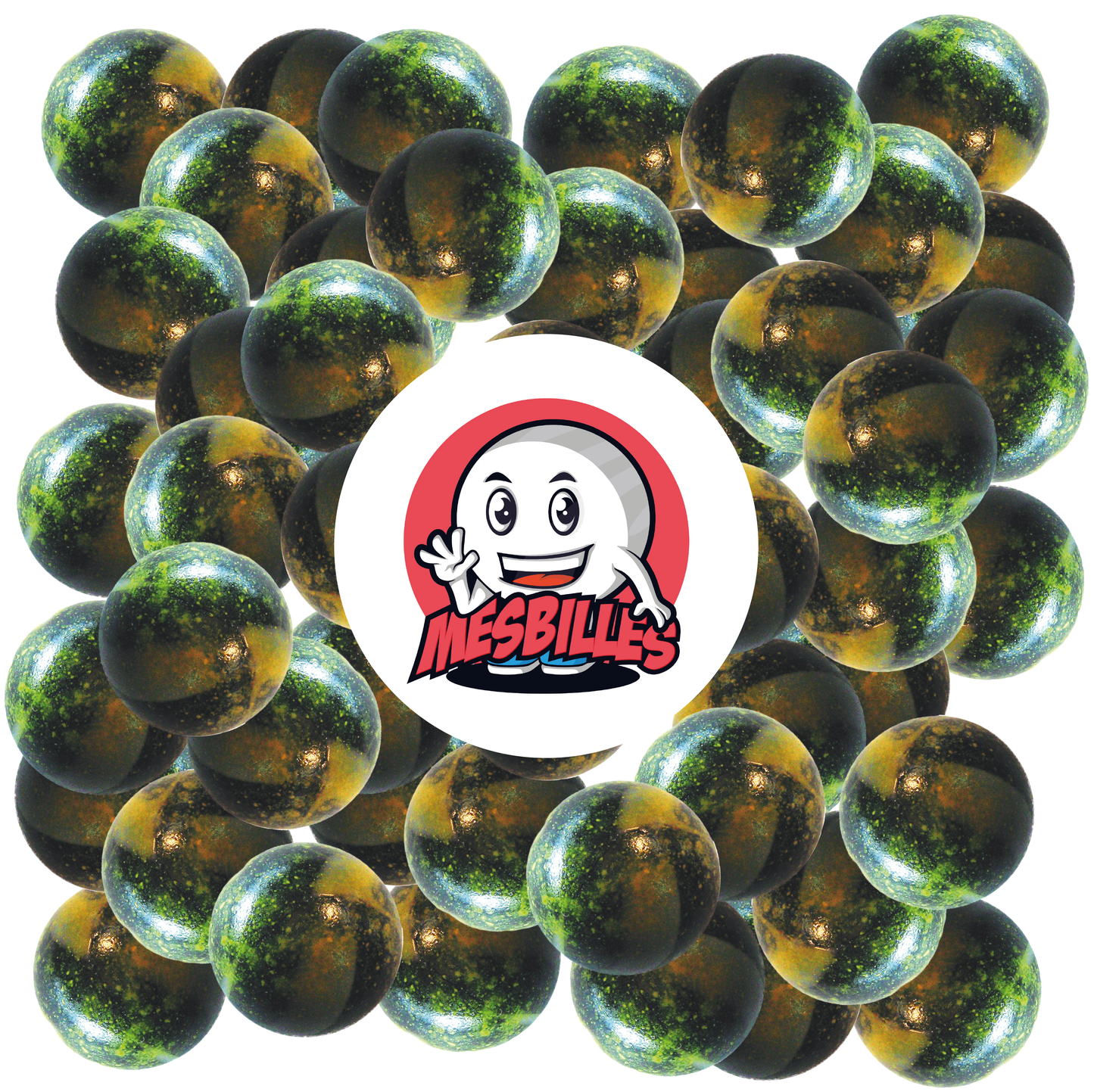Image of My-Glassmarbles Mascot surrounded by 25 mm Pluton Marbles - Opaque black glass with Yellow speckles