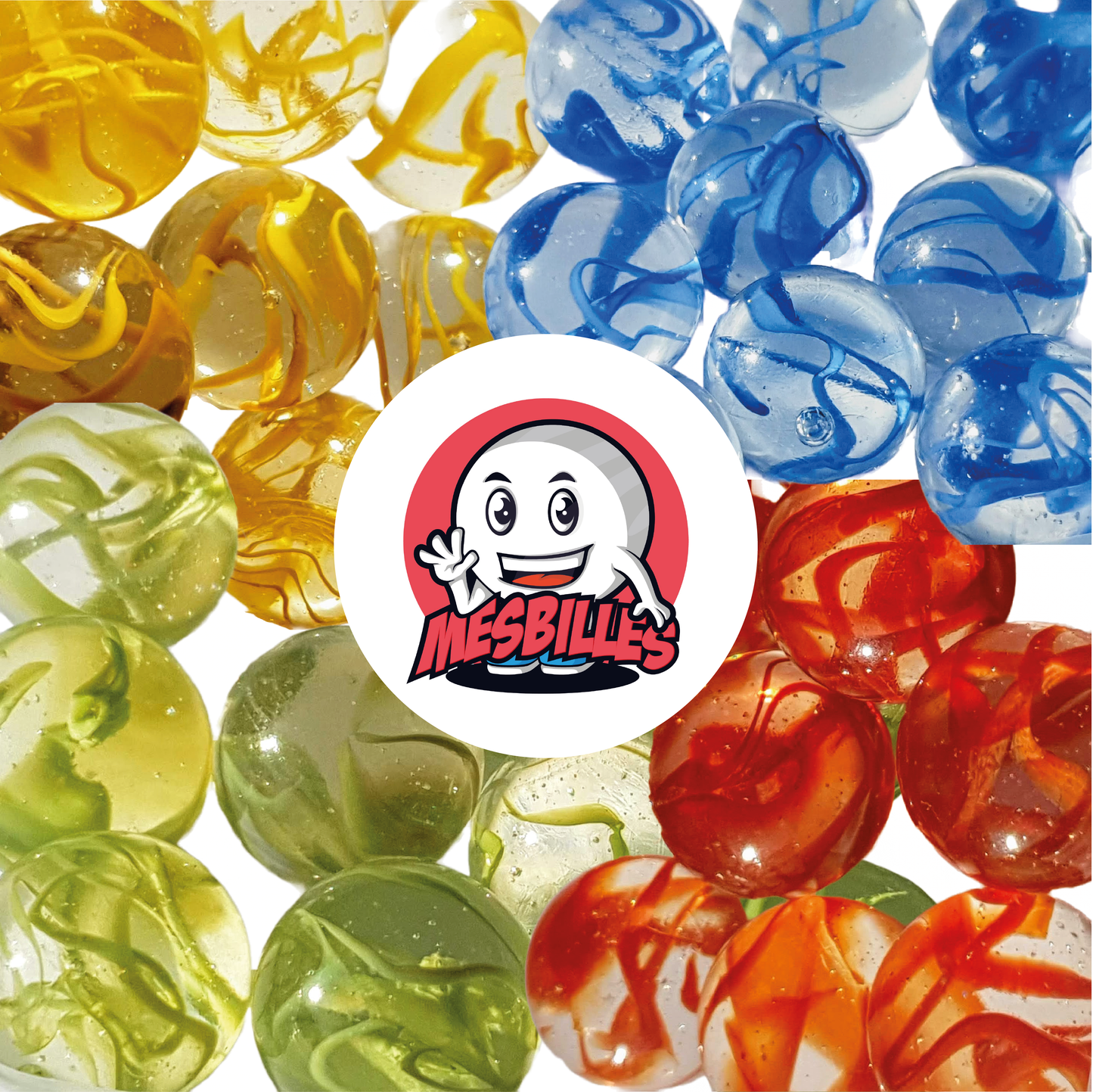 Image of the My-Glassmarbles Mascot surrounded by translucent Marbles with YELLOW Ribbons, 16 mm Marbles