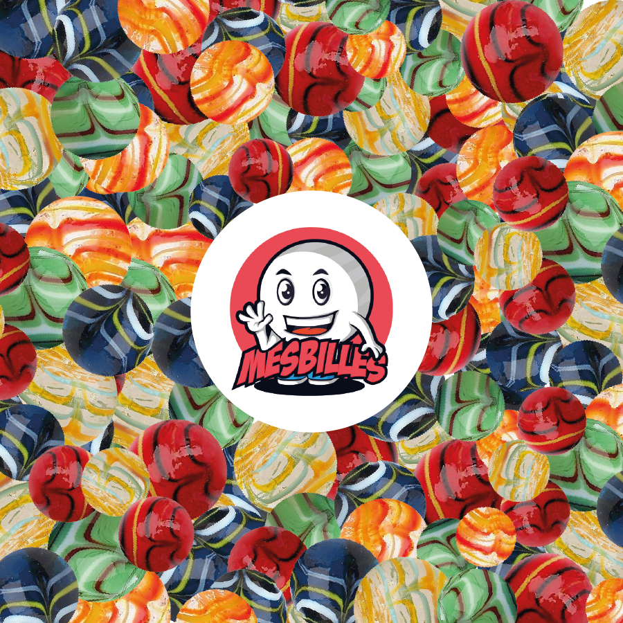 Red and Orange KimPlay Spider marbles in Translucent glass and Multicoloured marbles around the My-Glassmarbles Mascot