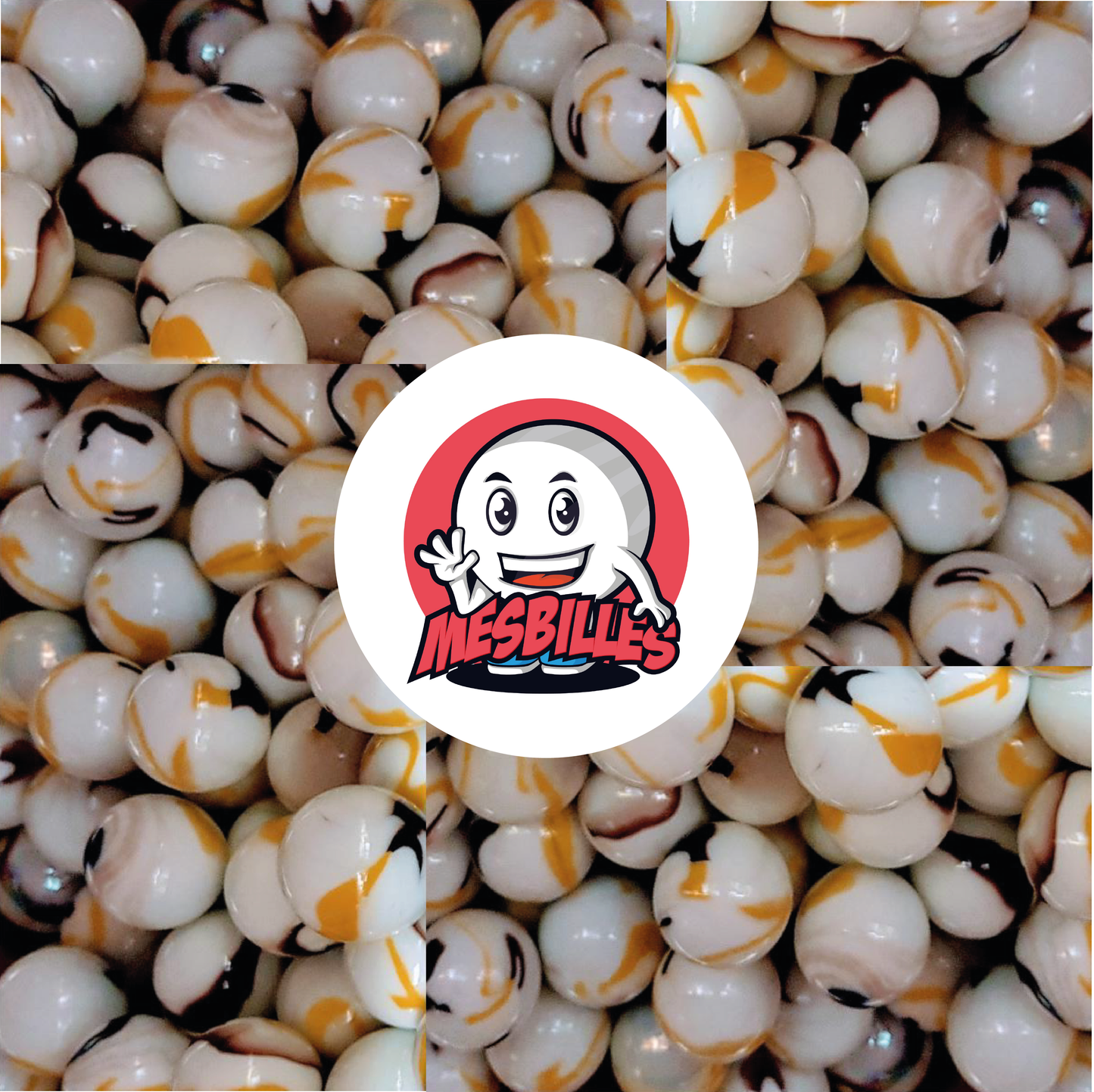 Image of the My-Glassmarbles Mascot surrounded by 25 mm Yellow Opaque White Tiger Marbles with Yellow and Brown stripes.