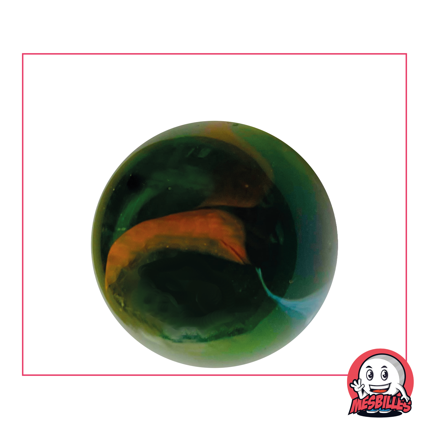 Superb 35 mm Croco marble in glass, dark green with orange and white spots, Round marble.
