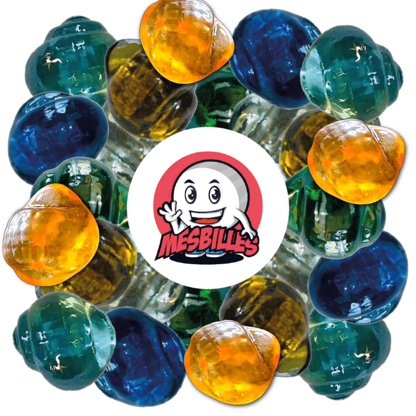 Mix of multicoloured Neptunea marbles, with several translucent Yellow marbles in the shape of shells highlighted around the My-Glassmarbles Logo.