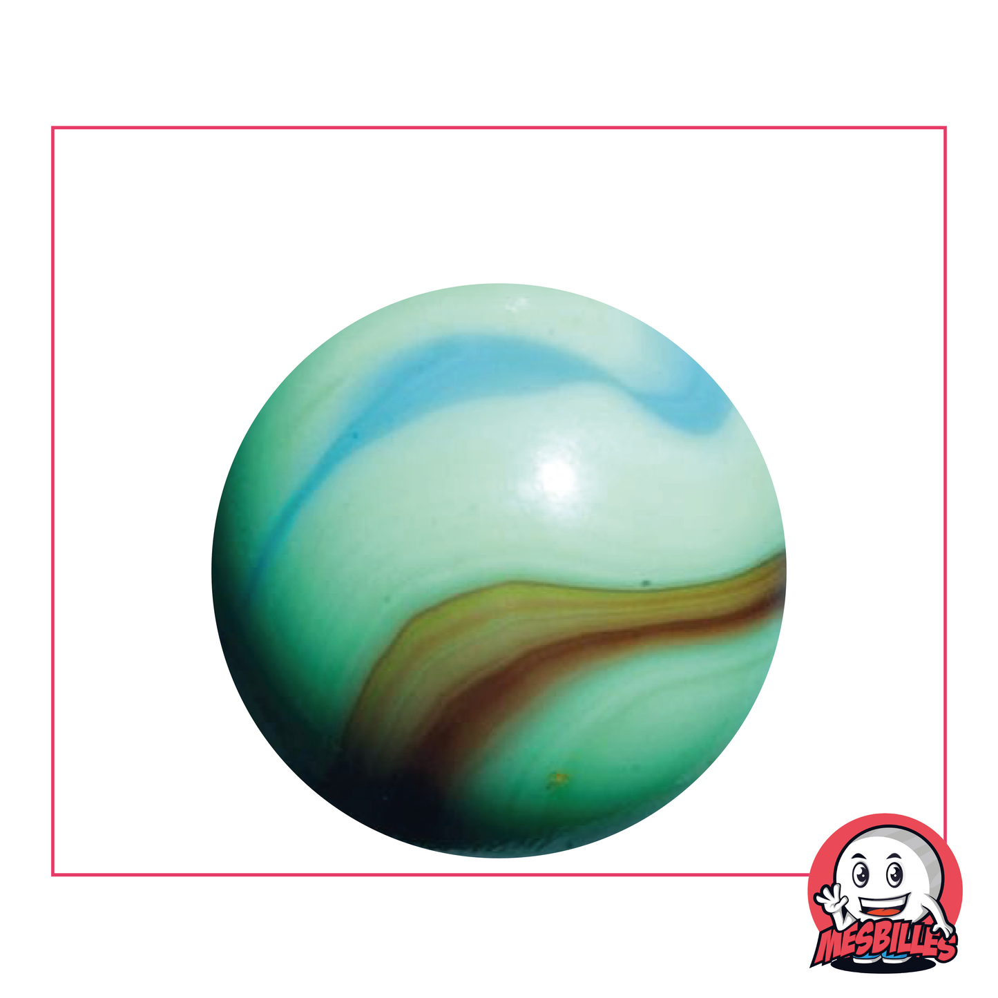 Marbles Matisse type Porcelain Green 35 mm with brown and blue edging, distinctive design marbles
