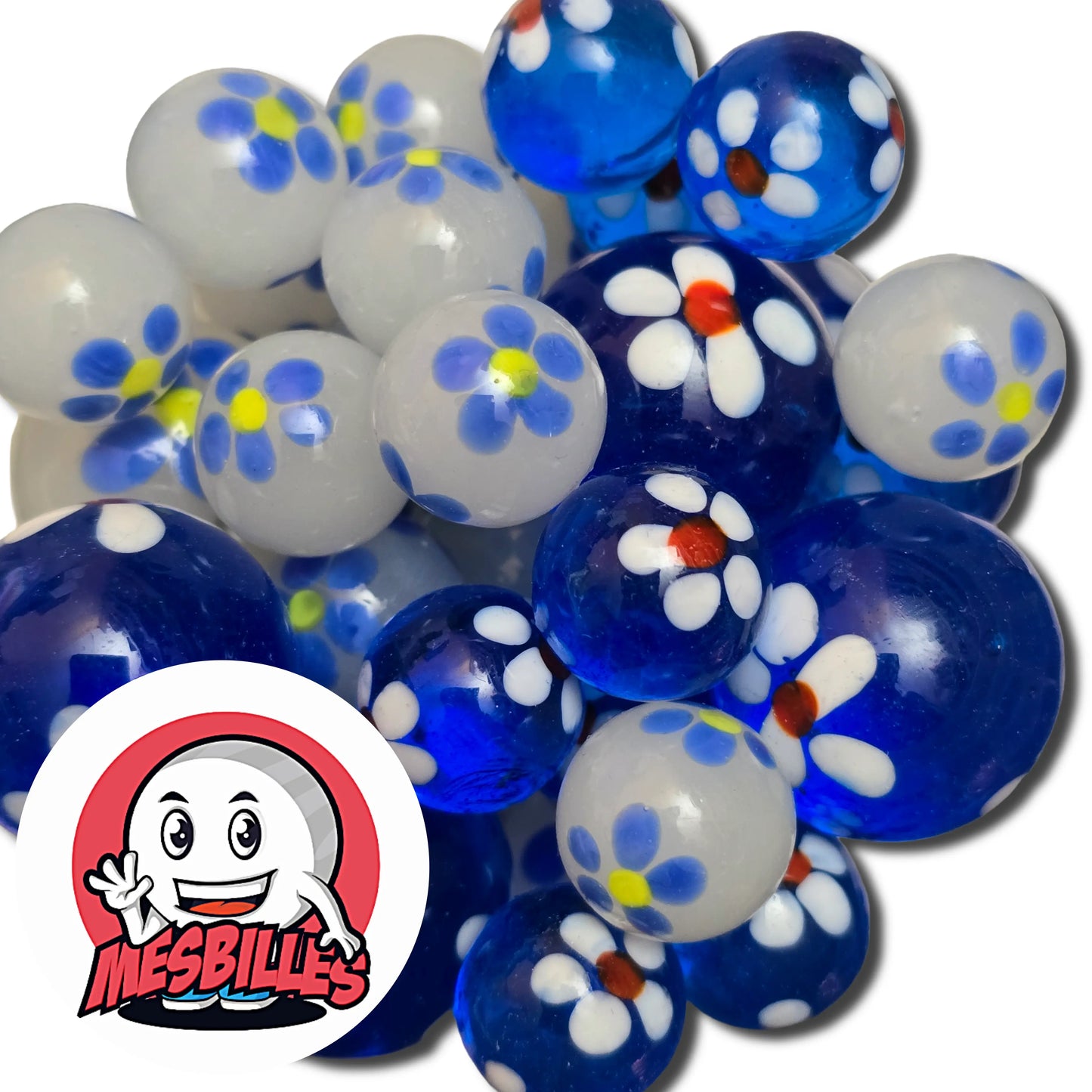 Assortiment de billes Art Pâquerette bleu nuit et billes fleurs bleu nuage – collection de billes décoratives MesBilles