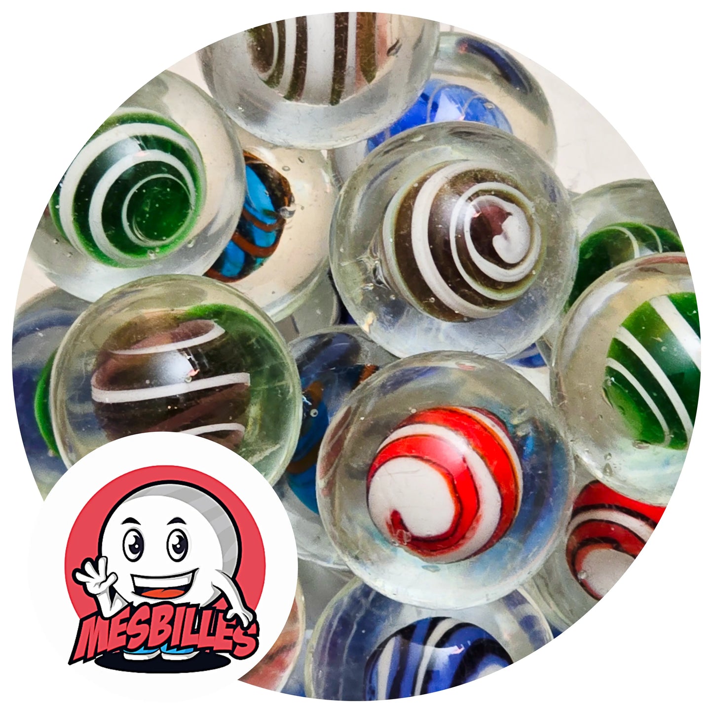 Collection de billes Art Vague 25 mm avec spirales colorées dans verre translucide – billes décoratives MesBilles