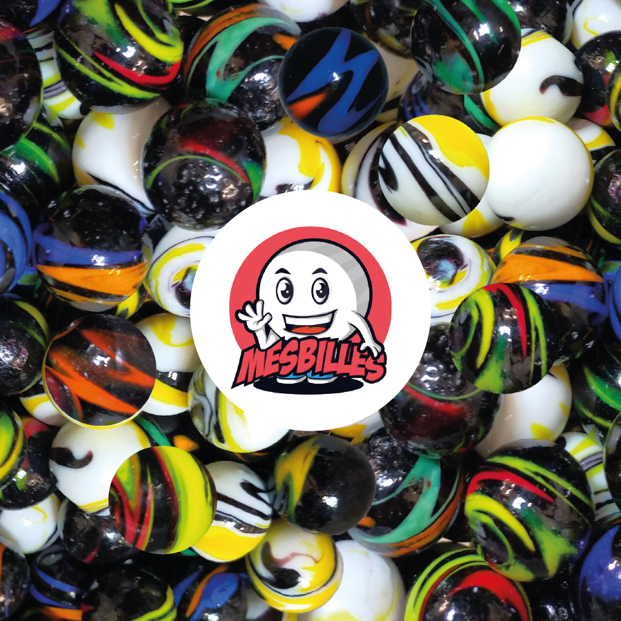 Kim'Play Diabolic Collector Marble, in 16 mm Black Opaque glass, with Blue stripes.