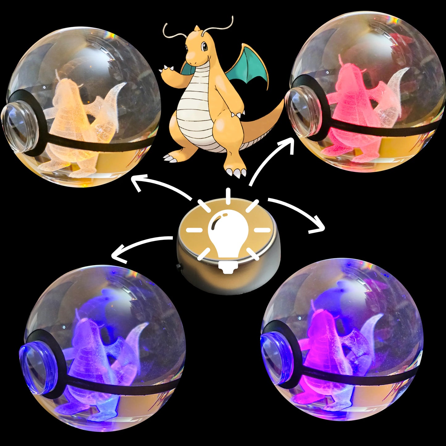 Grande bille transparente avec motif 3D « Dracolosse » au centre, effet lumineux : pour collection et amoureux des beaux objets