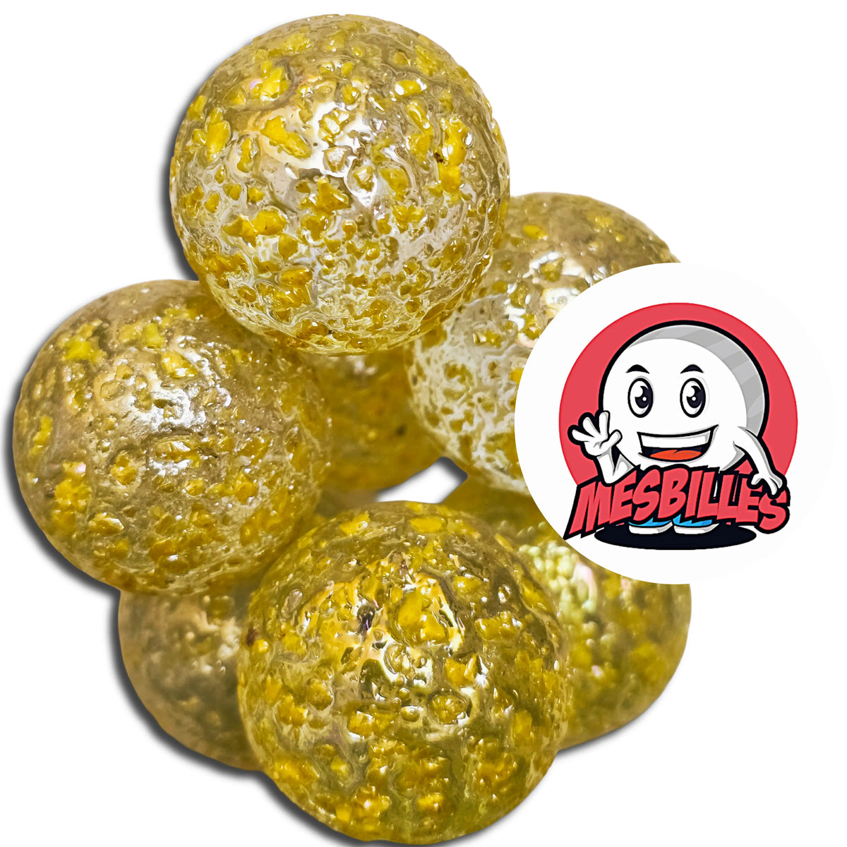 MesBilles Billes Pépite Jaune Intense 25 mm translucide avec éclats jaunes dorés dans le verre – grande bille décorative MesBilles
