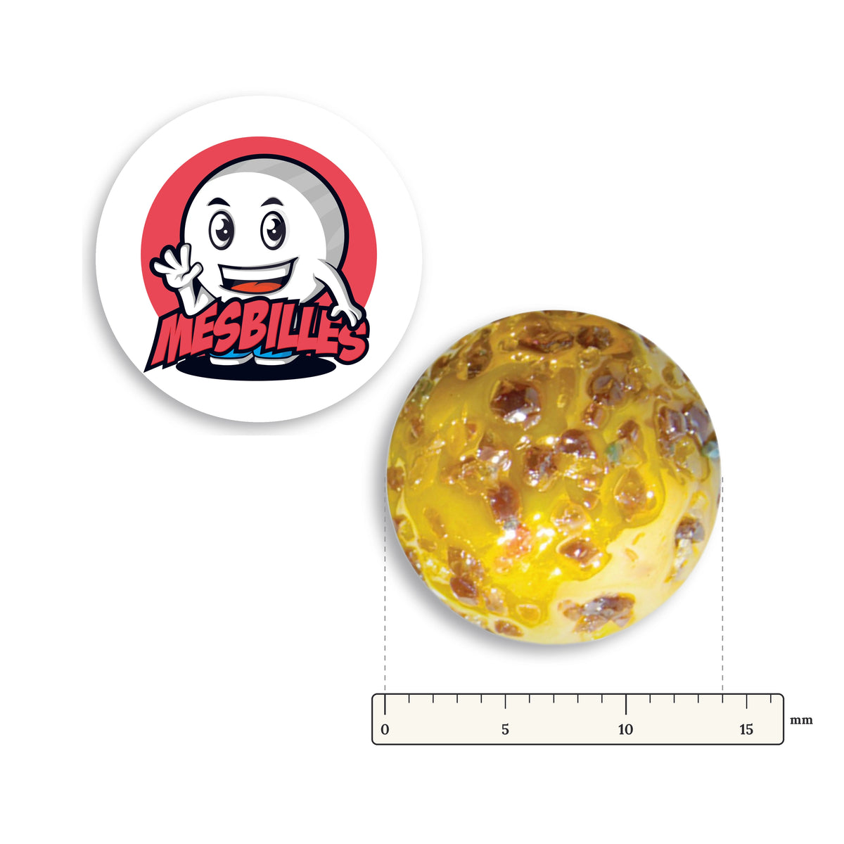 Pépite Précieuse marble 14 mm next to a ruler, 14 mm in diameter