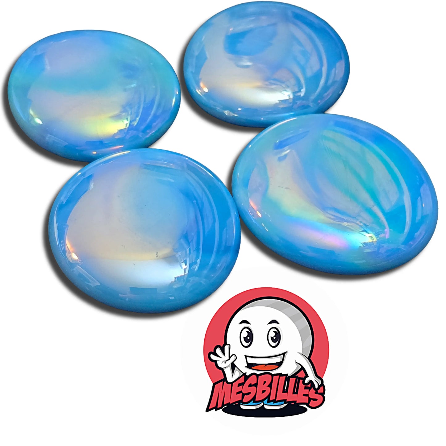 Très Grande Bille Plate en verre Opaque et Brillant de Couleur Bleu Clair - Pour Jouer, Décorer ou Collectionner, avec MesBilles.