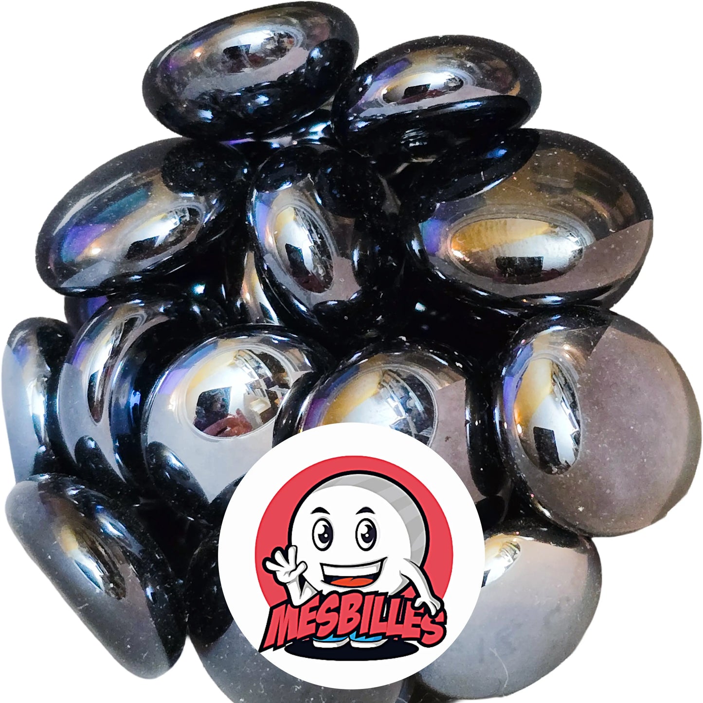 Dans la Grande Famille des Billes Glossys, il y a la Bille Plate en verre Opaque et Brillant Noir.