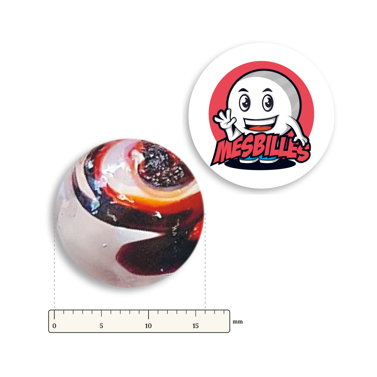 Bille Speedy Noir et Rouge 16 mm KimPlay Collector à côté d'une règle graduée, 16 mm de diamètre