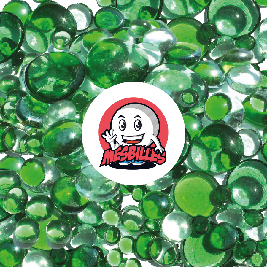My-Glassmarbles - 250 gr Flat Marbles, green and crystal mix, 30mm, 18mm, 12mm, translucent