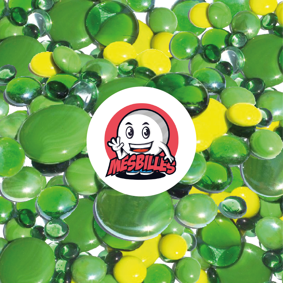 My-Glassmarbles Mascot - Lime and green glass Flat Marbles, translucent to shiny, 12mm-30mm