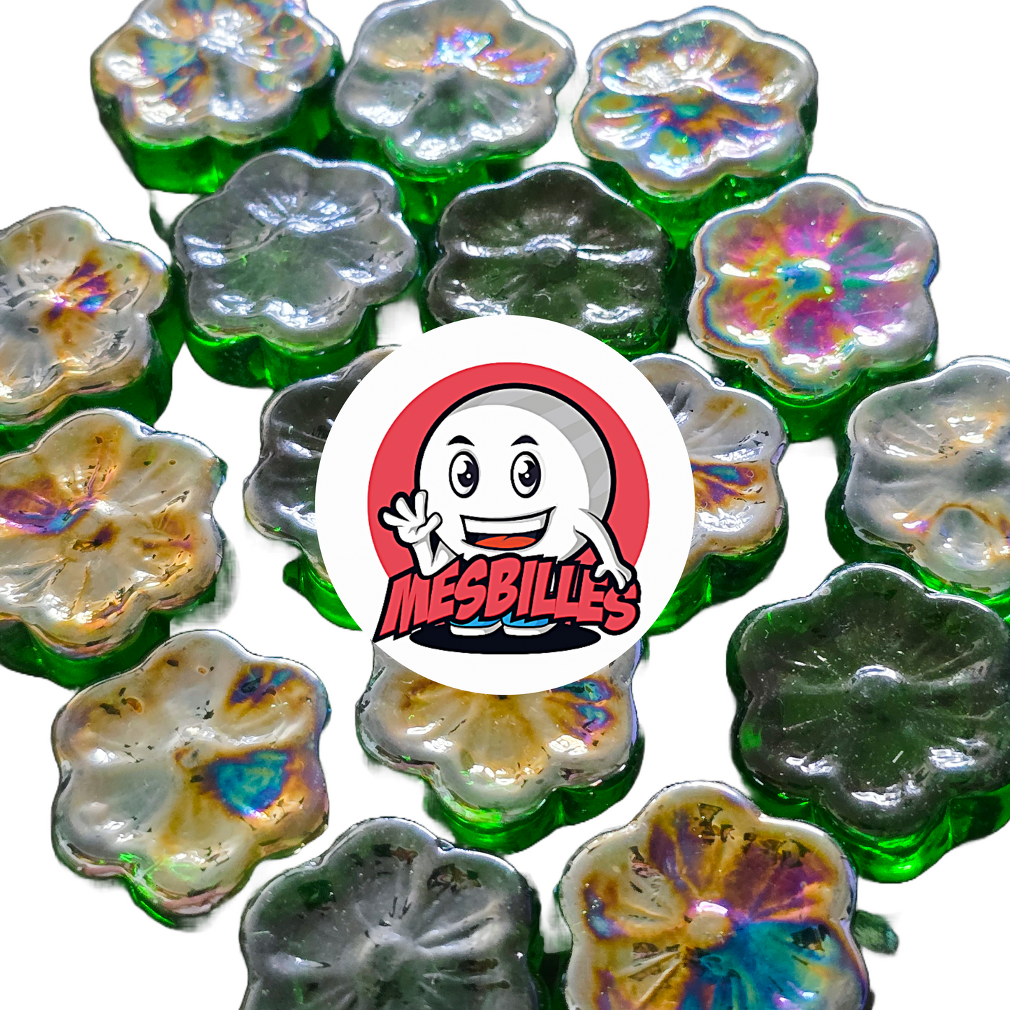 Close-up of several green and Iridescent Fleur Cosmos marbles in glass, arranged around the My-Glassmarbles Logo.