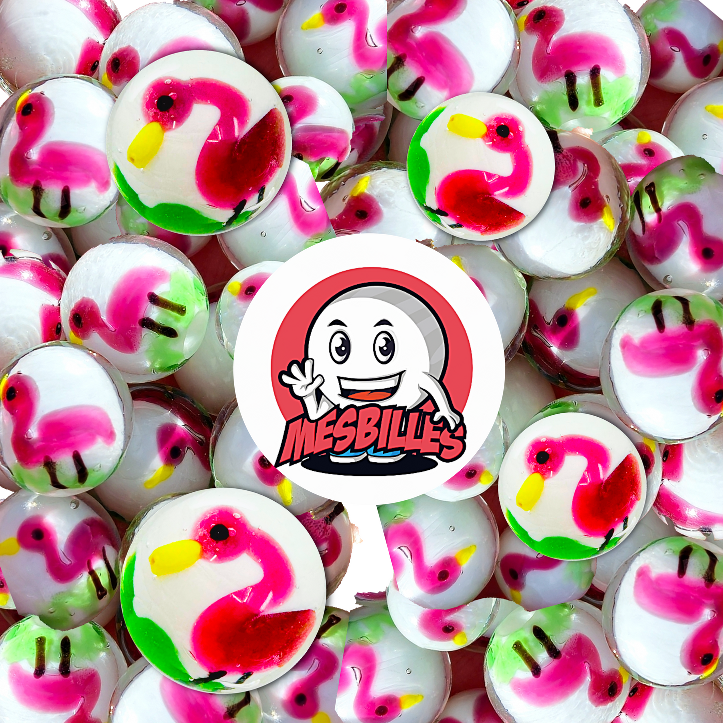 My-Glassmarbles mascot on 22 mm Pink Flamingo decorative glass Marbles.